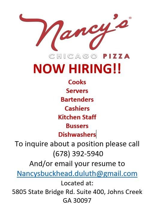 Now Hiring @ Nancy's Chicago Pizza