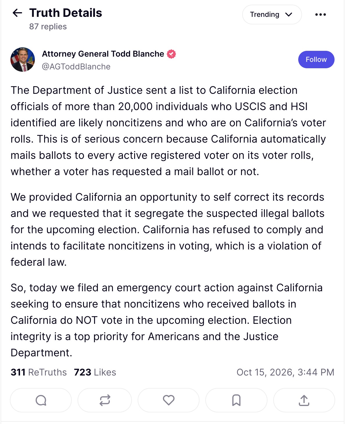 Attorney General Todd Blanche Truth Social post