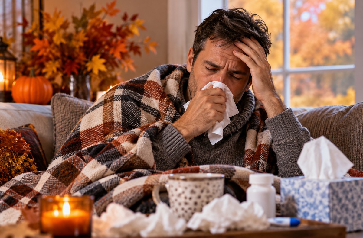 Man blowing his nose on a couch with tissues, a thermometer and pills during respiratory illness season